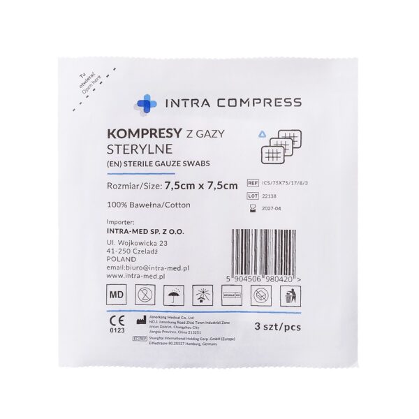 Kompresy z gazy sterylne INTRA COMPRESS 7,5cm x 7,5cm blister a3szt